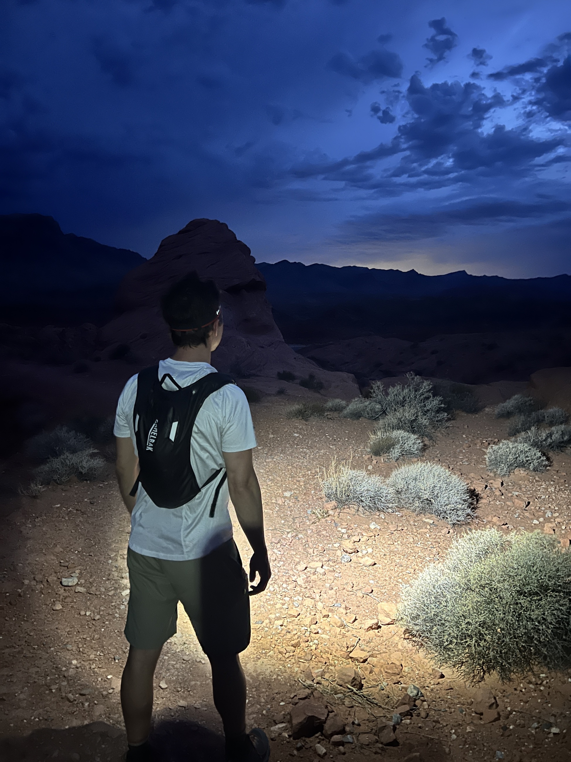 Headlamp glow during a short twilight hike in Valley of Fire.