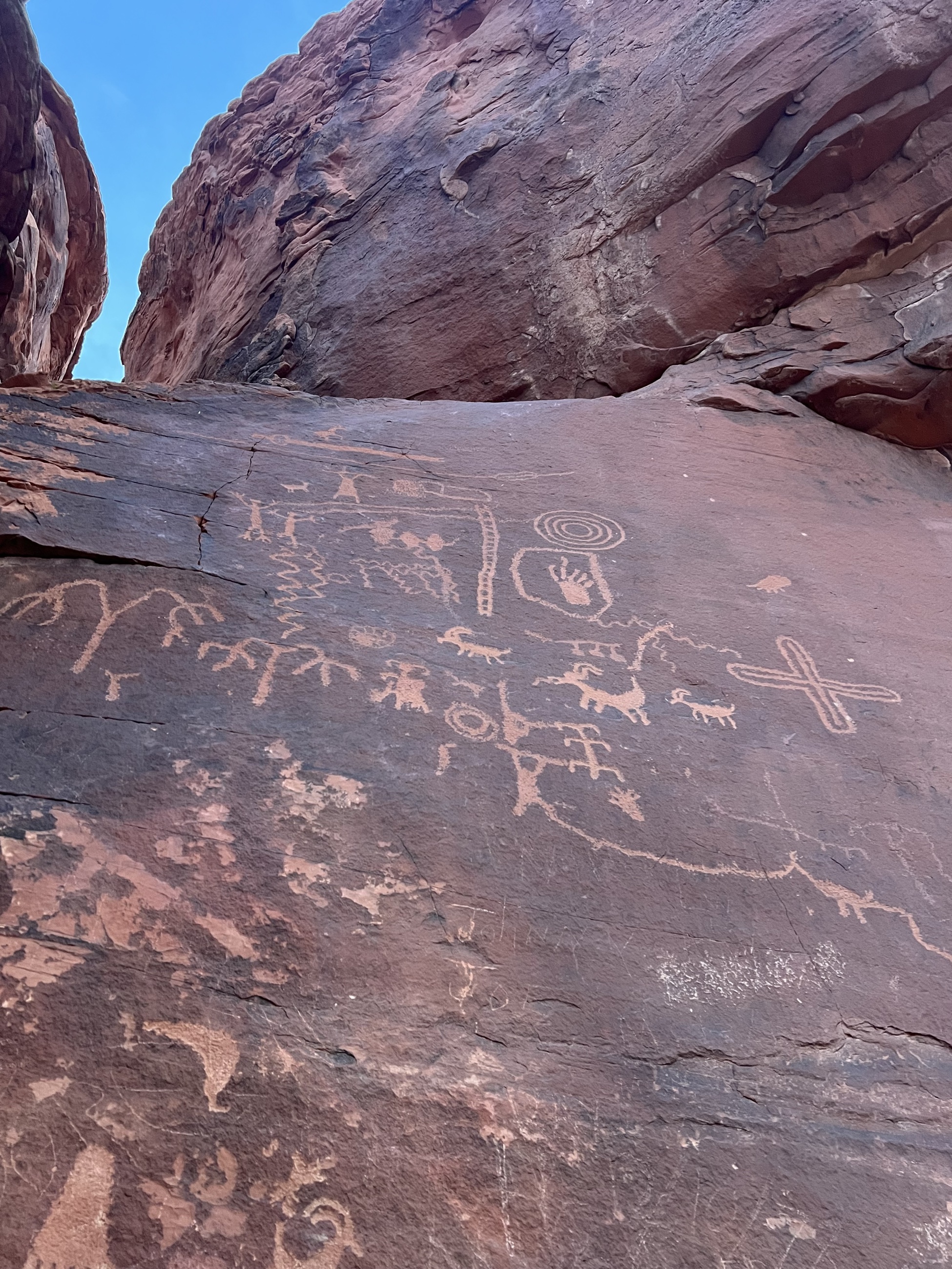 Petroglyphs carved into stone at Atlatl Rock in Valley of Fire.