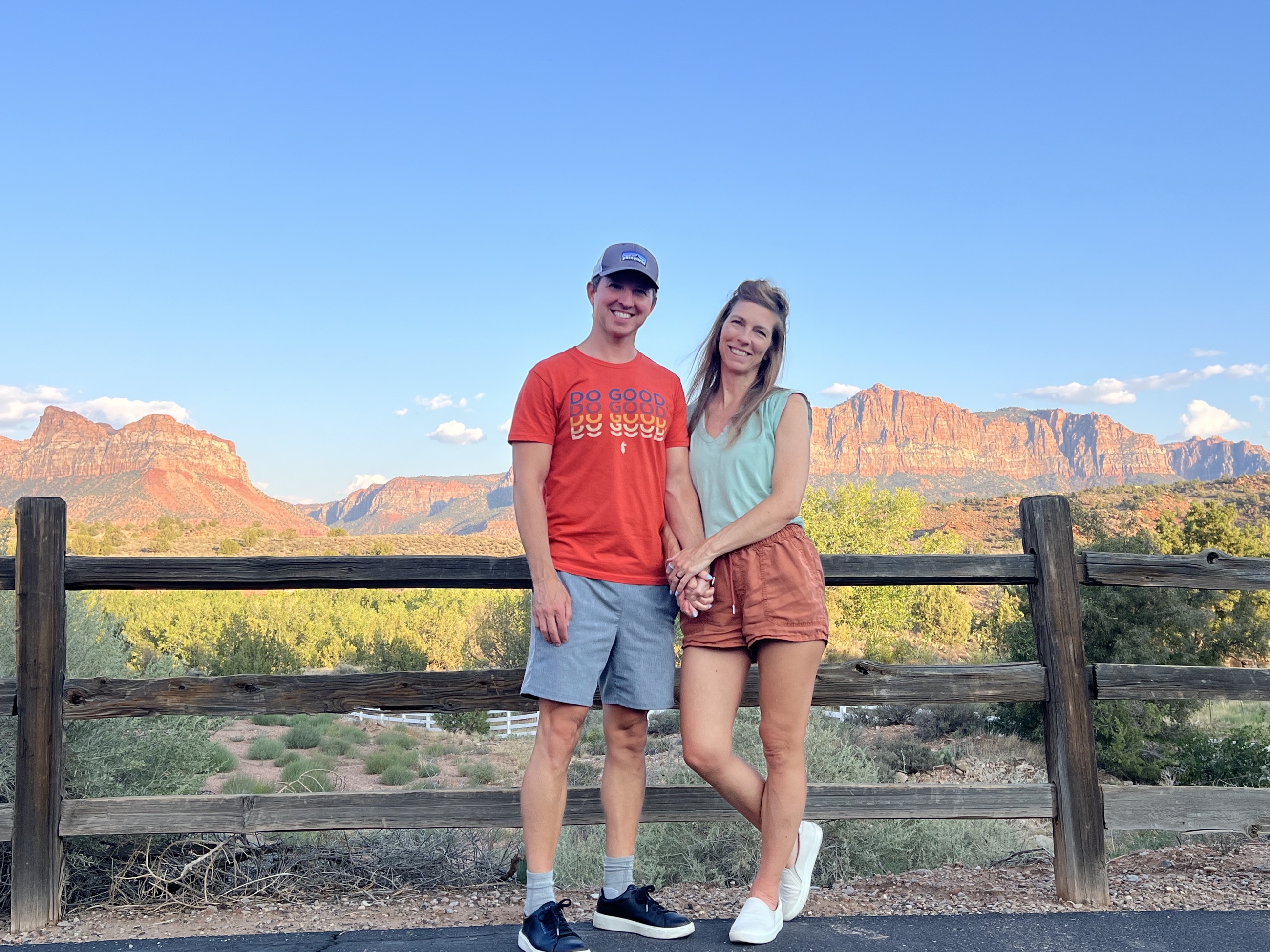 Sam and Stephanie walking through Springdale, Utah before dinner near Zion National Park.